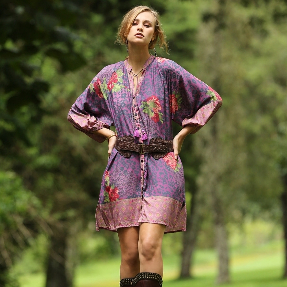 Tulle & Batiste Gazelle Shirt Dress Purple Potion Boho Button Front Rayon LG
